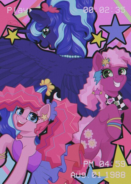 Size: 1158x1624 | Tagged: safe, artist:nuumia, derpibooru import, cheerilee, pinkie pie, princess luna, 80s, 80s cheerilee, 80s princess luna, bandana, g4, image, jpeg, retro, stars