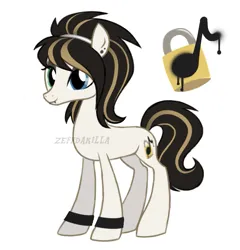 Size: 677x705 | Tagged: safe, artist:zeffdakilla, derpibooru import, oc, unnamed oc, unofficial characters only, earth pony, pony, bracelet, brown mane, cutie mark, ear piercing, emo, female, headband, heterochromia, image, jewelry, lip piercing, piercing, png, simple background, slender, smiling, solo, standing, thin, white background, white fur