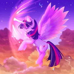 Size: 1000x1000 | Tagged: safe, artist:julieee3e, derpibooru import, twilight sparkle, twilight sparkle (alicorn), alicorn, pony, cloud, crescent moon, eyes closed, female, flying, image, magic, mare, moon, night, png, signature, sky, spread wings, starry sky, stars, wings
