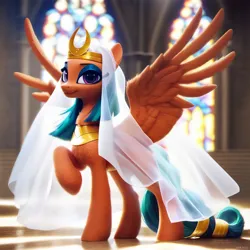 Size: 1024x1024 | Tagged: safe, ai content, derpibooru import, machine learning generated, prompter:maresforever, stable diffusion, somnambula, pegasus, pony, church, clothes, dress, g4, generator:pony diffusion v6 xl, image, looking at you, png, prompt in description, solo, spread wings, wedding dress, wedding veil, wings