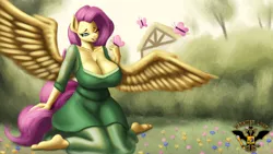 Size: 7680x4320 | Tagged: suggestive, artist:tsaritsaluna, derpibooru import, fluttershy, anthro, butterfly, insect, pegasus, breasts, cleavage, clothes, dress, female, image, kneeling, looking at you, png, smiling, solo, solo female