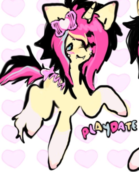 Size: 1440x1784 | Tagged: safe, artist:deadgirl-tv, derpibooru import, oc, oc:playdate, unofficial characters only, pony, unicorn, big ears, blue eyes, blushing, bow, cheek piercing, coat markings, colored hooves, ear blush, emo, eyebrows, eyebrows visible through hair, fangs, hair bow, hair over one eye, hooves in air, horn, image, jpeg, messy mane, messy tail, multicolored mane, multicolored tail, patterned background, piercing, ponysona, scene, smiling, socks (coat marking), solo, stitches, tail, tail bow, text, unicorn oc, unshorn fetlocks