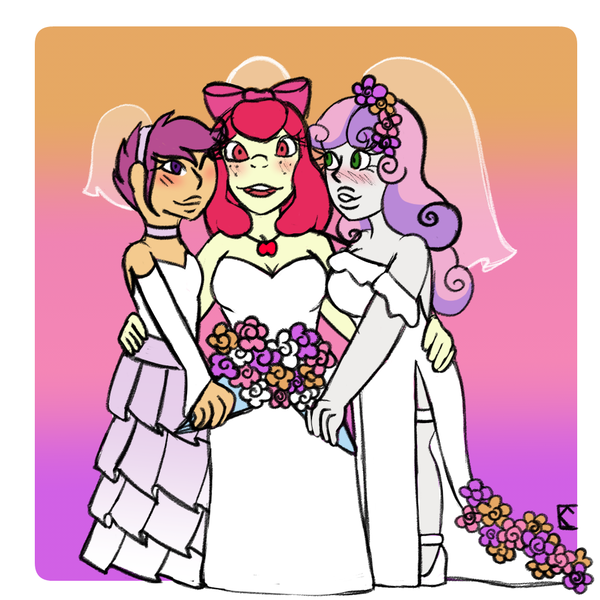 Size: 1000x1000 | Tagged: safe, artist:mintymelody, derpibooru import, apple bloom, scootaloo, sweetie belle, human, bride, clothes, cutie mark crusaders, dress, g4, gradient background, humanized, image, marriage, png, redraw, wedding, wedding veil