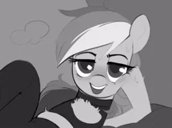 Size: 787x584 | Tagged: safe, artist:_ton618_, derpibooru import, rainbow dash, pegasus, pony, bedroom eyes, chest fluff, female, grayscale, image, jpeg, looking at you, mare, monochrome, open mouth, open smile, smiling, smiling at you, solo, wip