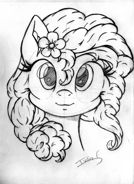 Size: 1673x2301 | Tagged: safe, artist:memprices, derpibooru import, pear butter, earth pony, pony, bangs, bust, curly mane, female, flower, flower in hair, front view, grayscale, high res, image, looking at you, mare, monochrome, pencil drawing, png, ponytail, portrait, sketch, smiling, smiling at you, solo, traditional art