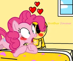 Size: 915x766 | Tagged: safe, artist:princess-paige-place-of-fun, derpibooru import, pinkie pie, oc, oc:sunny skies, earth pony, human, pony, bedroom, blushing, canon x oc, cloud, eyes closed, female, heart, image, love, pegasus human, png, ship:sunnypie, shipping, shocked, smiling, sun, text, window, wings
