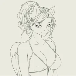 Size: 4000x4000 | Tagged: suggestive, artist:miokomata, derpibooru import, oc, oc:luna, unofficial characters only, anthro, pegasus, pony, bikini, bikini top, breasts, busty oc, cleavage, clothes, erect nipples, female, gray background, grayscale, image, jpeg, looking at you, mare, monochrome, nipple outline, simple background, smiling, smiling at you, swimsuit