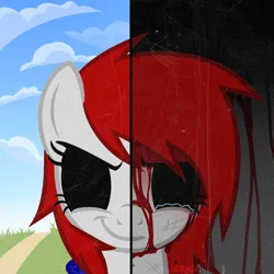 Size: 1300x1300 | Tagged: semi-grimdark, artist:kruvvv, derpibooru import, oc, oc:kruvvi, unofficial characters only, pegasus, pony, angry, base used, beaten up, black sclera, bleeding, blood, blue wings, bust, crying, female, gray coat, image, looking at you, mare, png, red mane, sad, smiling, smiling at you, smirk, solo, standing, teary eyes, wings