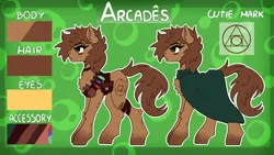 Size: 1920x1080 | Tagged: safe, artist:spectrasus, derpibooru import, oc, oc:arcâdes the immortal, earth pony, pony, alchemist, alchemy, cloak, clothes, cutie mark, image, png, potion, potions, reference sheet, solo