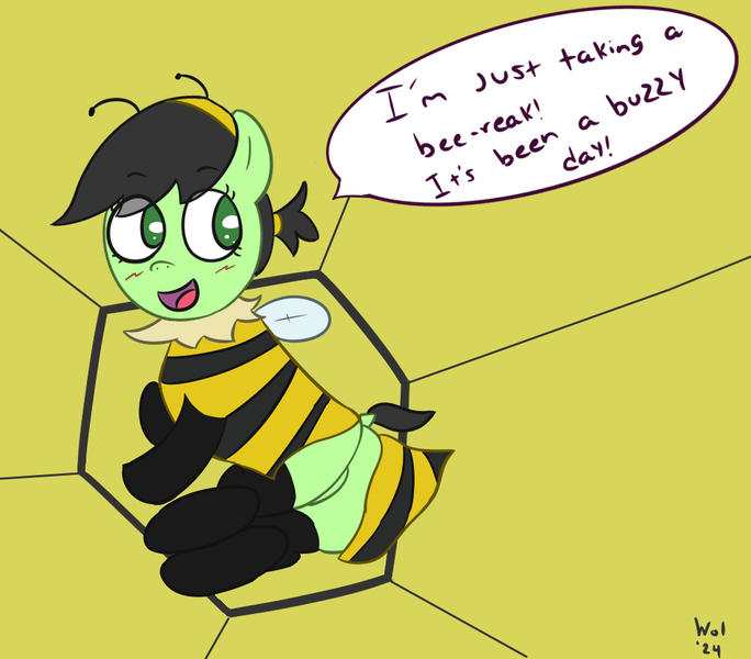 Size: 1020x895 | Tagged: suggestive, artist:wanda, derpibooru import, oc, oc:anonfilly, unofficial characters only, earth pony, pony, animal costume, bee costume, blushing, butt, clothes, costume, dialogue, dock, featureless crotch, female, filly, foal, image, png, pun, solo, tail, text