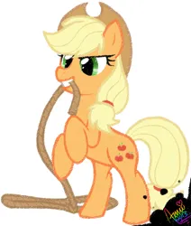 Size: 660x780 | Tagged: safe, artist:amuzoreh, derpibooru import, applejack, earth pony, pony, bipedal, female, g4, hat, image, jpeg, lasso, mare, mouth hold, raised hoof, rearing, rope, simple background, solo, standing, white background