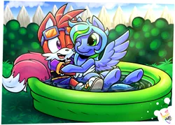 Size: 1726x1234 | Tagged: safe, artist:amuzoreh, derpibooru import, oc, unofficial characters only, pegasus, pony, clothes, duo, hug, image, kiddie pool, one eye closed, png, sitting, sonic the hedgehog (series)