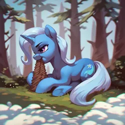 Size: 1024x1024 | Tagged: safe, ai content, derpibooru import, machine learning generated, prompter:*rainbow dash*, stable diffusion, trixie, pony, unicorn, eating, forest, g4, generator:purplesmart.ai, image, lying down, nature, pinecone, png, prone, snow, tree, trixie eating pinecones
