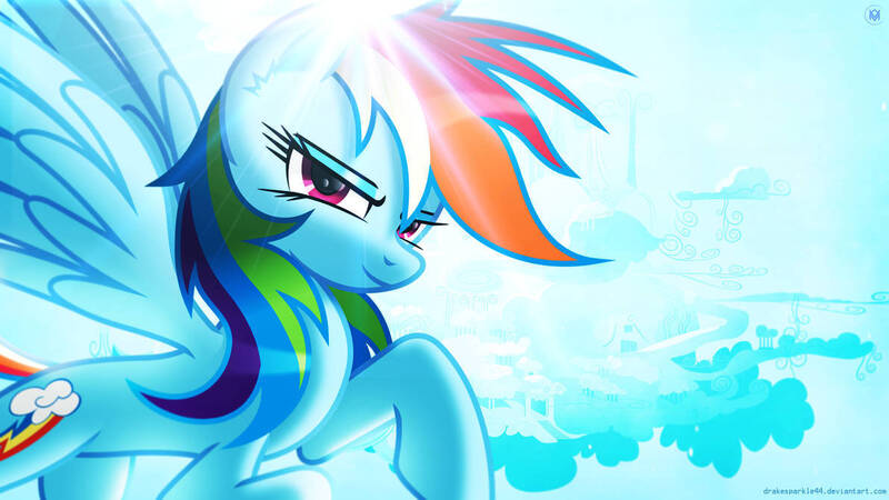Size: 1192x670 | Tagged: safe, artist:drakesparkle44, artist:itchykitchy, artist:proenix, derpibooru import, rainbow dash, pegasus, pony, cloudsdale, crepuscular rays, g4, image, jpeg, lidded eyes, looking at you, raised hoof, smiling, smiling at you, solo, spread wings, sun, wallpaper, watermark, wings