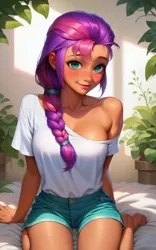 Size: 640x1024 | Tagged: safe, ai content, derpibooru import, editor:sammykun, machine learning generated, stable diffusion, sunny starscout, human, g5, my little pony: a new generation, bed, blushing, braid, braided ponytail, breasts, busty sunny starscout, cleavage, clothes, cute, female, generator:pony diffusion v6 xl, generator:purplesmart.ai, humanized, image, jpeg, long hair, looking at you, on bed, plants, ponytail, pot, prompter:sammykun, shirt, shorts, shoulderless, sitting, smiling, smiling at you, solo, solo female, sunnybetes, tanned