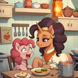 Size: 2048x2048 | Tagged: safe, ai content, derpibooru import, generator:confetticomrademix, machine learning generated, stable diffusion, pinkie pie, saffron masala, earth pony, pony, unicorn, bowl, bread, chair, chest fluff, chilli, clothes, crying, duo, duo female, ear fluff, ear piercing, earring, female, food, fork, g4, high res, image, indoors, jar, jewelry, kitchen, mare, open mouth, piercing, plate, png, pot, prompter:tyto4tme4l, smiling, spatula, spicy, stove, table, tears of pain, teary eyes