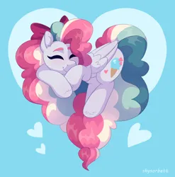 Size: 1904x1930 | Tagged: safe, artist:skysorbett, derpibooru import, oc, oc:sky sorbet, unofficial characters only, pegasus, pony, abstract background, bow, curly hair, curly mane, eyebrows, eyes closed, female, folded wings, hair bow, heart, image, mare, multicolored hair, multicolored mane, pegasus oc, png, smiling, solo, wings