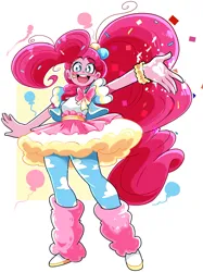 Size: 2565x3437 | Tagged: safe, artist:eemapso, derpibooru import, pinkie pie, human, equestria girls, big hair, blushing, bow, bracelet, clothes, dress, eyebrows, eyebrows visible through hair, female, g4, humanized, image, jewelry, jpeg, leg warmers, leggings, open mouth, passepartout, ponytail, simple background, skirt, smiling, solo, white background