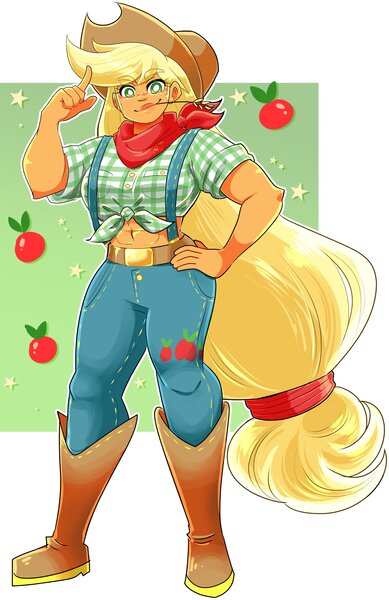 Size: 2202x3396 | Tagged: safe, artist:eemapso, derpibooru import, applejack, human, equestria girls, abs, apple, bandana, belt, big hair, boots, clothes, cowboy boots, cowboy hat, denim, eyebrows, eyebrows visible through hair, female, food, front knot midriff, g4, hand on hip, hat, humanized, image, jeans, jpeg, looking at you, midriff, pants, passepartout, shoes, simple background, smiling, solo, stars, stetson, straw in mouth, suspenders, white background