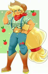 Size: 2202x3396 | Tagged: safe, artist:eemapso, derpibooru import, applejack, human, abs, apple, bandana, belt, big hair, boots, clothes, cowboy boots, cowboy hat, denim, eyebrows, eyebrows visible through hair, female, food, front knot midriff, g4, hand on hip, hat, humanized, image, jeans, jpeg, looking at you, midriff, pants, passepartout, shoes, simple background, smiling, solo, stars, stetson, straw in mouth, suspenders, white background