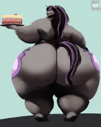 Size: 1629x2048 | Tagged: suggestive, artist:rubypanda, derpibooru import, oc, oc:magna-save, unofficial characters only, anthro, unicorn, anthro oc, ass, bbw, belly, big belly, both cutie marks, butt, buttcrack, cake, fat, female, food, high res, huge belly, huge butt, image, impossibly large belly, impossibly large butt, impossibly wide hips, jpeg, large belly, large butt, licking, licking lips, looking back, obese, rear view, simple background, solo, ssbbw, the ass was fat, thighs, thunder thighs, tongue out, wide hips