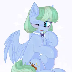 Size: 2000x2000 | Tagged: safe, artist:thieftea, derpibooru import, oc, oc:silky strings, pegasus, image, looking at you, one eye closed, png, smiling, smiling at you, solo, two toned mane, wings, wink, winking at you