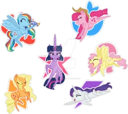 Size: 1280x1148 | Tagged: safe, artist:hate-love12, derpibooru import, applejack, fluttershy, pinkie pie, rainbow dash, rarity, twilight sparkle, earth pony, pegasus, pony, unicorn, magical mystery cure, season 3, base used, deviantart watermark, floppy ears, g4, image, mane six, obtrusive watermark, png, swapped cutie marks, unicorn twilight, watermark, what my cutie mark is telling me