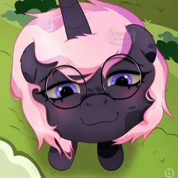 Size: 1600x1600 | Tagged: safe, artist:artsypaws, derpibooru import, oc, oc:artsypaws, oc:jay mihay, pegasus, pony, unicorn, comic:lunch with my lover, :3, curved horn, derpibooru exclusive, glasses, horn, image, jpeg, macro, macro/micro, maw, micro, photo, pred, predator, prey, round glasses, smiling, soft vore, swallow, vore