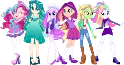Size: 9330x4875 | Tagged: safe, artist:shootingstarsentry, derpibooru import, oc, oc:apple wish, oc:crystal frost, oc:serenade skye, oc:sweetie treat, oc:twilight moon, oc:velocity wing, unofficial characters only, human, equestria girls, absurd resolution, bare shoulders, boots, clothes, dreamworks face, dress, eyebrows, female, g4, grin, human oc, image, leg warmers, looking at you, magical lesbian spawn, miniskirt, offspring, parent:applejack, parent:caramel, parent:cheese sandwich, parent:flash sentry, parent:fluttershy, parent:pinkie pie, parent:prince blueblood, parent:rainbow dash, parent:rarity, parent:soarin', parent:somnambula, parent:sunset shimmer, parents:carajack, parents:cheesepie, parents:flashimmer, parents:rariblood, parents:soarindash, png, raised eyebrow, shoes, simple background, skirt, smiling, smiling at you, socks, stockings, thigh highs, thigh socks, transparent background