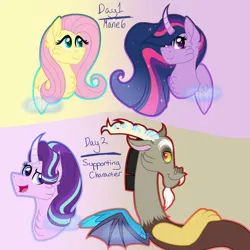 Size: 1280x1280 | Tagged: safe, artist:purplepotato04, derpibooru import, discord, fluttershy, starlight glimmer, twilight sparkle, twilight sparkle (alicorn), alicorn, pony, image, jpeg