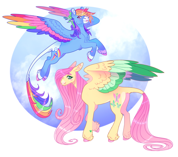 Size: 1280x1126 | Tagged: safe, artist:s0ftserve, derpibooru import, fluttershy, rainbow dash, pony, alternate design, colored wings, image, multicolored wings, png, wings