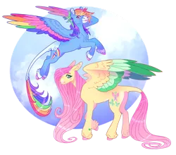 Size: 1280x1126 | Tagged: safe, artist:s0ftserve, derpibooru import, fluttershy, rainbow dash, pony, alternate design, colored wings, image, multicolored wings, png, wings