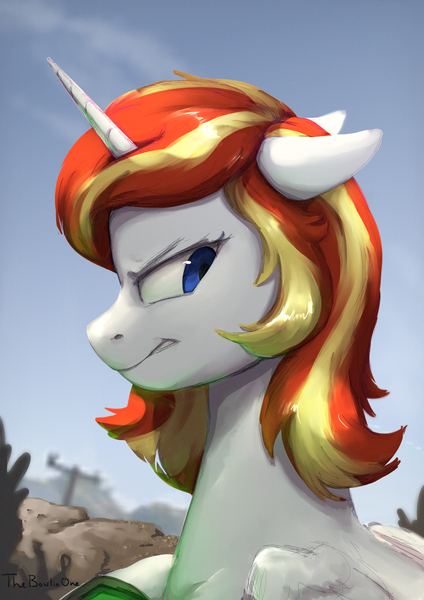 Size: 2478x3506 | Tagged: safe, artist:thebowtieone, derpibooru import, oc, oc:thunder mane, unofficial characters only, alicorn, pony, alicorn oc, angry, blue eyes, bust, fallout equestria oc, female, horn, image, mare, pipbuck, png, raffle prize, scenery, solo, wings