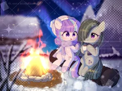 Size: 2000x1500 | Tagged: safe, artist:corpse, derpibooru import, marble pie, oc, oc:delia ino, canon x oc, chocolate, fire, food, friendship, hot chocolate, image, obtrusive watermark, png, smiling, snow, watermark