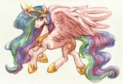 Size: 1273x878 | Tagged: safe, artist:tigra0118, derpibooru import, princess celestia, alicorn, pony, flying, g4, image, looking at you, png, solo, traditional art, watercolor painting
