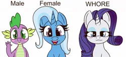 Size: 1280x581 | Tagged: suggestive, artist:xppp1n, derpibooru import, rarity, spike, trixie, dragon, pony, unicorn, bedroom eyes, blushing, eyeshadow, g4, image, jpeg, looking at you, makeup, rarity being rarity, smiling, smiling at you, starry eyes, waving, wingding eyes