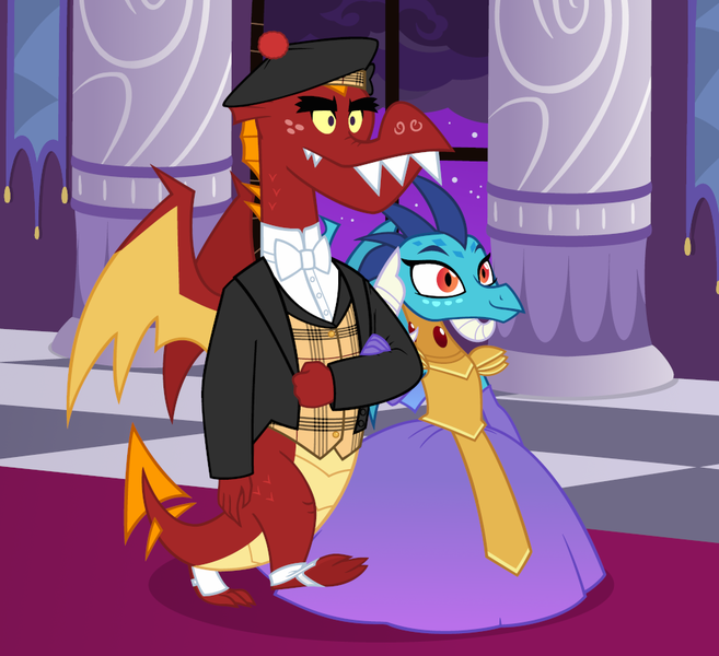 Size: 950x867 | Tagged: safe, artist:queencold, derpibooru import, garble, princess ember, beautiful, beret, bowtie, canterlot, clothes, dress, female, hat, image, male, png, scottish, ship:emble, shipping, straight, vest