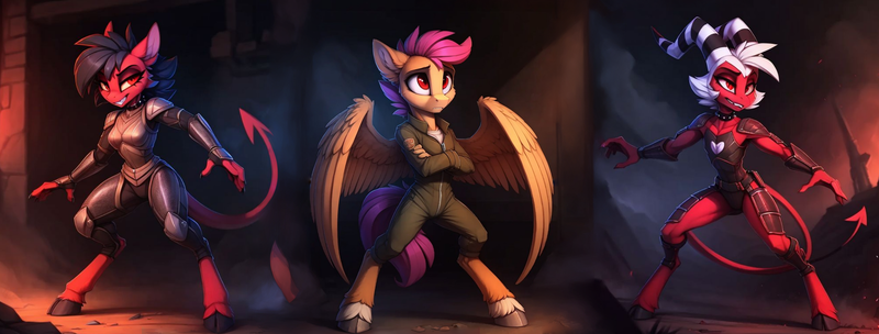 Size: 2660x1012 | Tagged: safe, ai content, derpibooru import, machine learning generated, prompter:hellfire, millie, scootaloo, twilight sparkle, anthro, demon, pegasus, unicorn, series:legion, clothes, fantasy, fire, g4, helluva boss, image, moxxie, png, science fiction, tight clothing, unicorn twilight, war