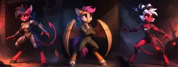 Size: 2660x1012 | Tagged: safe, ai content, derpibooru import, machine learning generated, prompter:hellfire, millie, scootaloo, twilight sparkle, anthro, demon, pegasus, unicorn, series:legion, clothes, fantasy, fire, g4, helluva boss, image, moxxie, png, science fiction, tight clothing, unicorn twilight, war