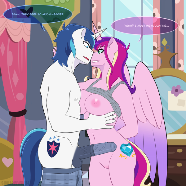 Size: 2048x2048 | Tagged: explicit, artist:shallowwin, derpibooru import, princess cadance, queen chrysalis, shining armor, alicorn, anthro, changeling, changeling queen, pony, unicorn, anatomically correct, ass, big breasts, big penis, boxers, breast grab, breasts, butt, canon, canon ship, clothes, dialogue, disguise, disguised changeling, fake cadance, female, folded wings, grope, horsecock, image, male, mare, nipples, nudity, penis, png, stallion, stallion on mare, straight, this will end in pregnancy, transformation, underwear, vagina, vein, veiny cock, vulva, wings