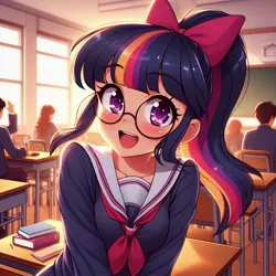 Size: 1024x1024 | Tagged: safe, ai content, derpibooru import, machine learning generated, twilight sparkle, human, adorkable, alternate hair color, alternate hairstyle, anime, blushing, bow, bust, classroom, clothes, cute, desk, dork, generator:bing image creator, generator:dall-e 3, glasses, hair bow, humanized, image, indoors, jpeg, looking at you, portrait, school desk, school uniform, smiling, smiling at you