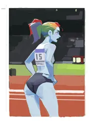 Size: 6000x8278 | Tagged: safe, artist:hyung7754, derpibooru import, rainbow dash, human, equestria girls, booty shorts, clothes, female, g4, high res, image, jpeg, ponytail, shorts, solo, solo female, sports shorts, stadium, sweat, workout, workout outfit