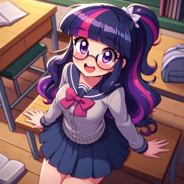 Size: 1024x1024 | Tagged: safe, ai content, derpibooru import, machine learning generated, twilight sparkle, human, adorkable, alternate hairstyle, anime, blushing, classroom, clothes, curly hair, cute, desk, dork, from above, generator:bing image creator, generator:dall-e 3, glasses, humanized, image, indoors, jpeg, leaning on table, legs together, long hair, looking at you, miniskirt, pleated skirt, school desk, school uniform, skirt, smiling, smiling at you, solo