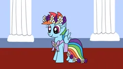 Size: 1920x1080 | Tagged: safe, artist:platinumdrop, derpibooru import, rainbow dash, pegasus, pony, clothes, dress, female, filly, flower girl, flower girl dress, foal, g4, image, png, request, smiling, solo, younger