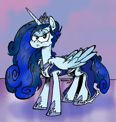 Size: 1590x1677 | Tagged: safe, artist:andreu-t, derpibooru import, oc, unofficial characters only, alicorn, pony, alicorn oc, annoyed, clothes, dress, hoof shoes, horn, image, jewelry, jpeg, looking at you, pouting, regalia, solo, wings