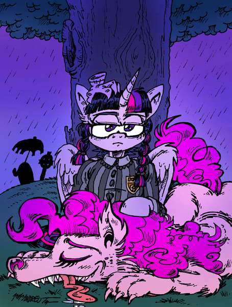 Size: 1854x2451 | Tagged: safe, artist:andreu-t, derpibooru import, pinkie pie, twilight sparkle, twilight sparkle (alicorn), alicorn, hengstwolf, werewolf, crossover, enid sinclair, high res, image, jpeg, looking at you, sitting, sleeping, thing addams, tongue out, tree, wednesday (series), wednesday addams, wednesday sparkle