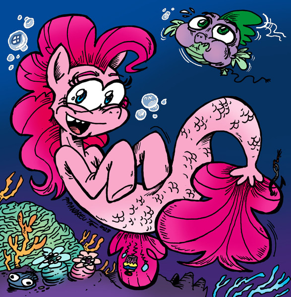 Size: 1281x1309 | Tagged: safe, artist:andreu-t, derpibooru import, pinkie pie, spike, earth pony, fish, pony, puffer fish, seapony (g4), my little pony: the movie, bubble, coral, crepuscular rays, dorsal fin, female, fin, fins, fish tail, fishing hook, flowing mane, flowing tail, hook, image, jpeg, looking at you, mare, ocean, open mouth, open smile, scales, seaponified, seapony pinkie pie, seaweed, smiling, smiling at you, species swap, spike the pufferfish, sunlight, swimming, tail, underwater, water