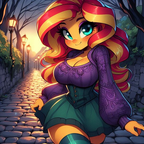 Size: 1024x1024 | Tagged: safe, ai content, derpibooru import, machine learning generated, prompter:glimmy-glam, sunset shimmer, blushing, breasts, busty sunset shimmer, cleavage, clothes, cobblestone street, corset, dead tree, eyeshadow, generator:dall-e 3, image, jpeg, lamp, lamppost, long sleeves, makeup, night, red nose, rosy cheeks, skirt, smiling, socks, stone wall, street, sweater, thigh highs, thighs, thunder thighs, tree, walking, wide hips, winter