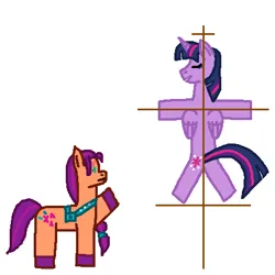 Size: 456x456 | Tagged: safe, alternate version, artist:iarmista, derpibooru import, sunny starscout, twilight sparkle, alicorn, earth pony, pony, g5, christianity, crucifixion, g4, image, ms paint, png, reference, sunny and her heroine