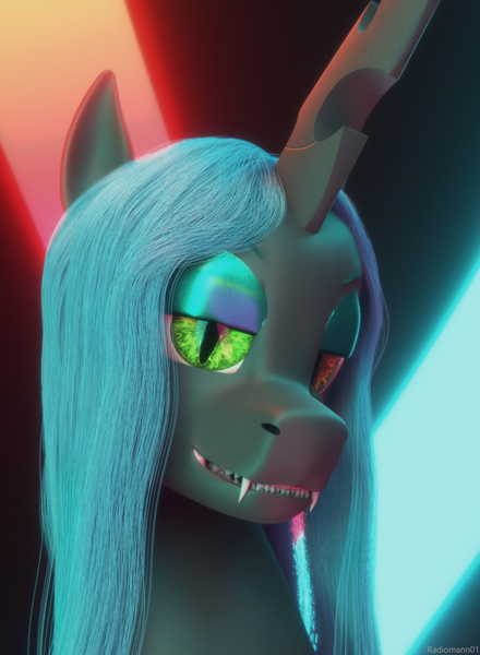 Size: 2200x3000 | Tagged: safe, artist:radiomann01, derpibooru import, queen chrysalis, changeling, changeling queen, 3d, blender, blender cycles, bust, fangs, female, g4, high res, horn, image, looking at you, mane, missing accessory, open mouth, png, portrait, render, sharp teeth, simple background, smiling, solo, teeth